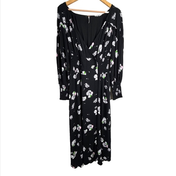 Free People Dark Floral Wrap Midi Dress M So Sweetly Balloon Sleeve Boho Witchy - Picture 4 of 14